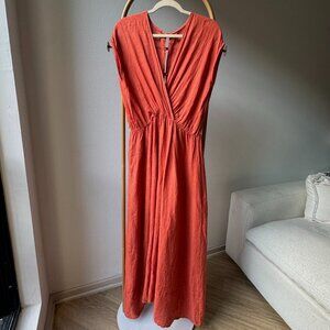 Burnt Orange Linen Maxi Dress Made in Italy 100% Linen V-Neck